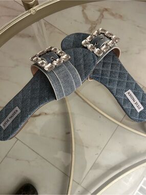 Steve Madden Blue Denim Slide Sandals with Crystal Buckle